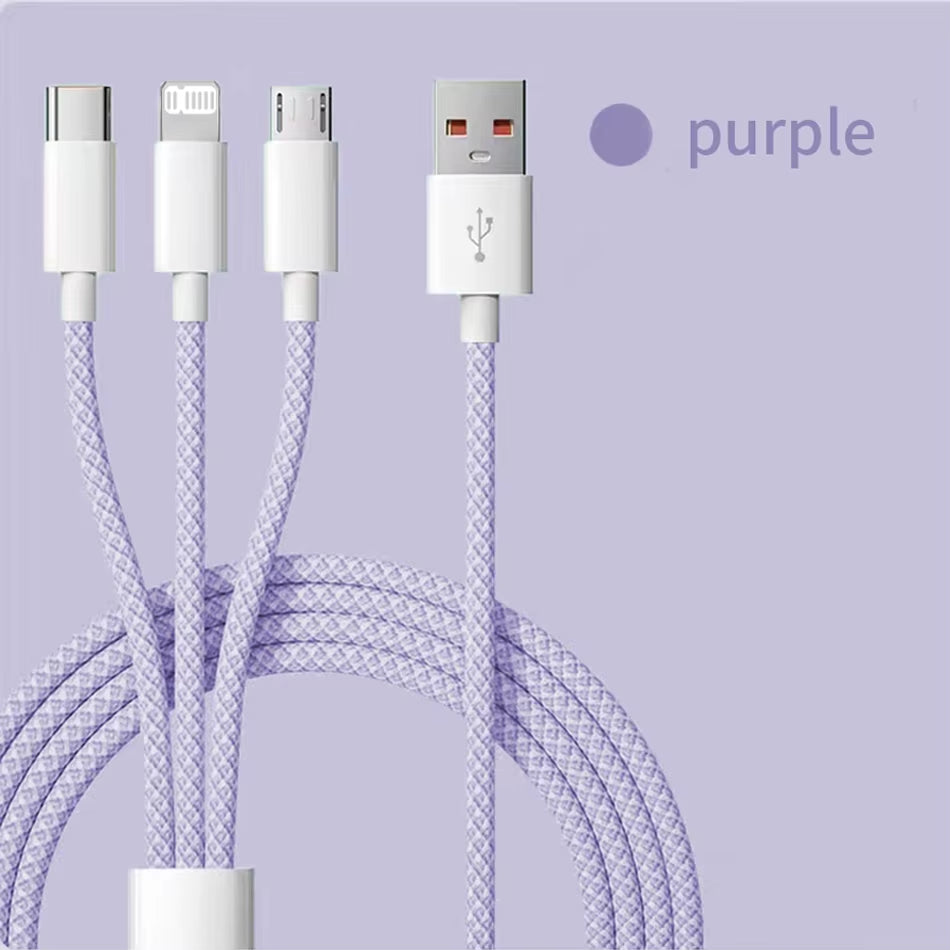66W 3-in-1 Fast Charging Cable – 6A USB Type-C, Micro USB & Lightning Nylon Braided Data Cable for Huawei, Xiaomi, Samsung & iPhone (1.2M/2M/3M)
