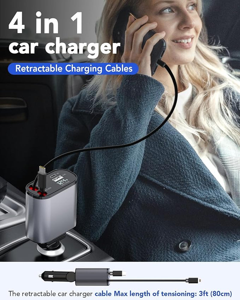 Retractable 4-in-1 Fast Car Charger 66W – USB-A & USB-C Retractable Cables, PD 3.0 Quick Charge for iPhone, Samsung Galaxy, Pixel & More