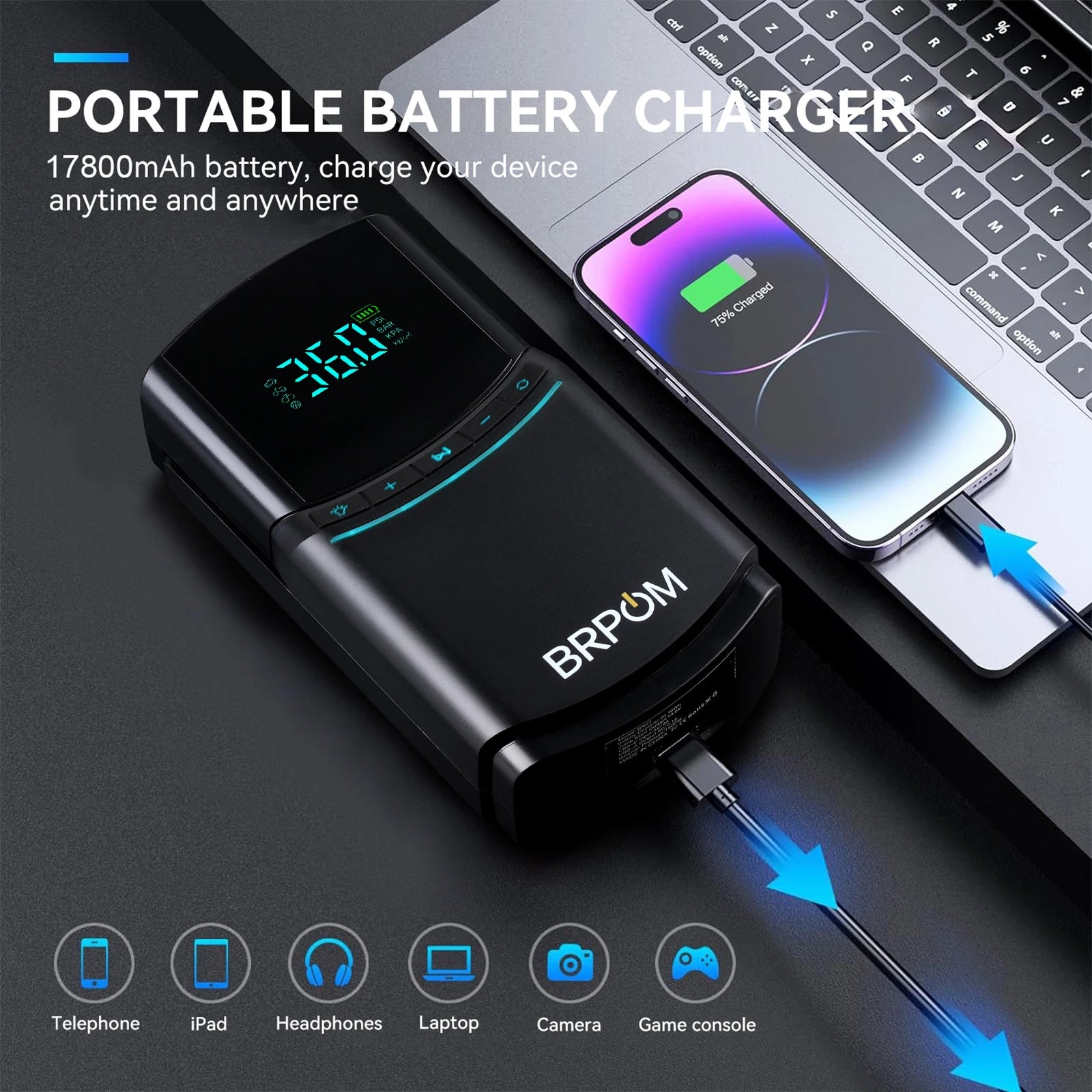 4-in-1 Car Jump Starter & Emergency Air Pump – 4000A Peak Current, 150PSI Digital Tire Inflator, 17800mAh Power Bank