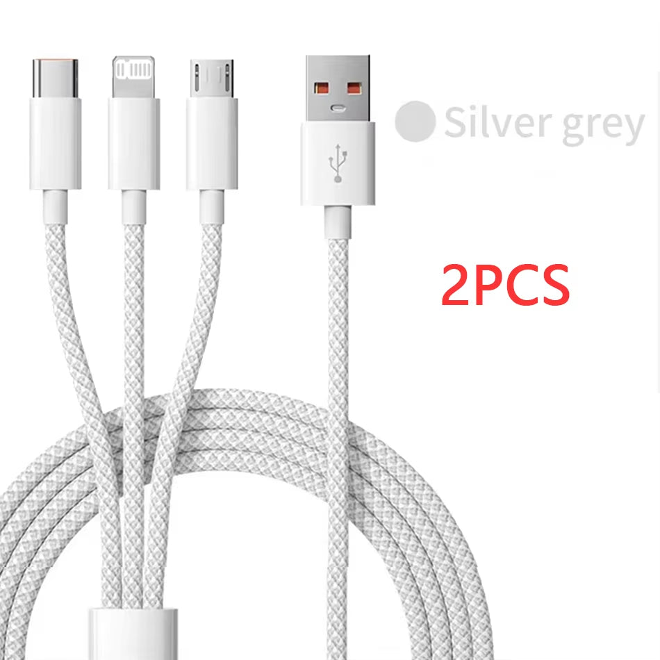 66W 3-in-1 Fast Charging Cable – 6A USB Type-C, Micro USB & Lightning Nylon Braided Data Cable for Xiaomi, Huawei, Samsung, OPPO & iPhone (1.2M/2M/3M)