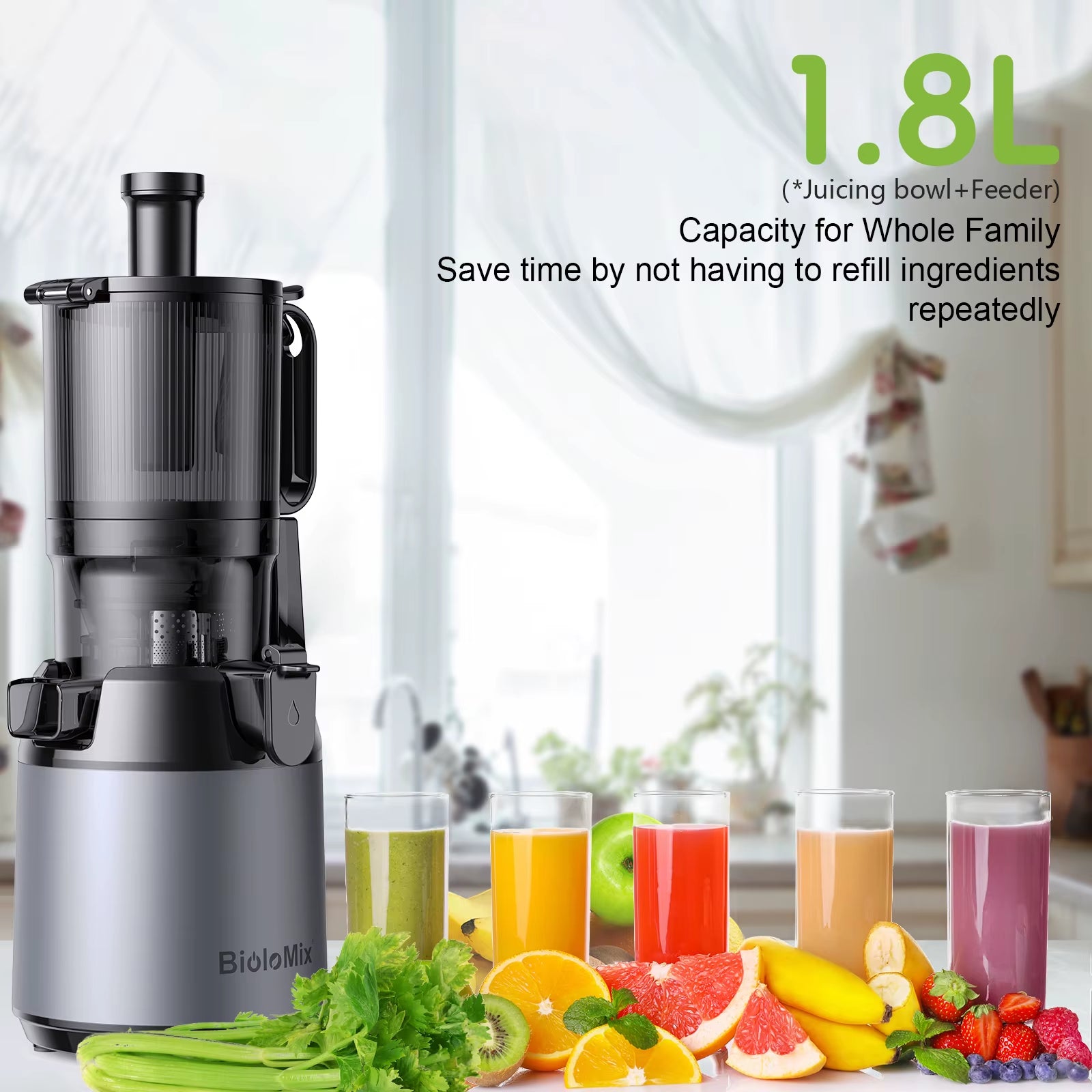 Cold Press Juicer with 130mm Wide Feed Chute – BPA-Free Slow Masticating Juicer for Whole Fruits & Vegetables, High Juice Yield, Easy Clean