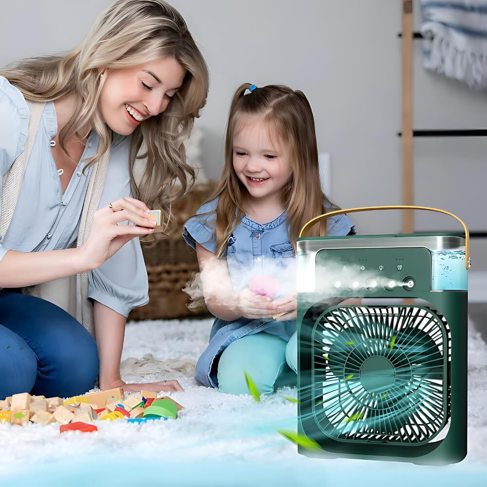 3 in 1 Portable Air Conditioner Fan – Mini Water Air Cooler with 7-Color LED Lights, USB Rechargeable Cooling Fan for Home, Office & Travel