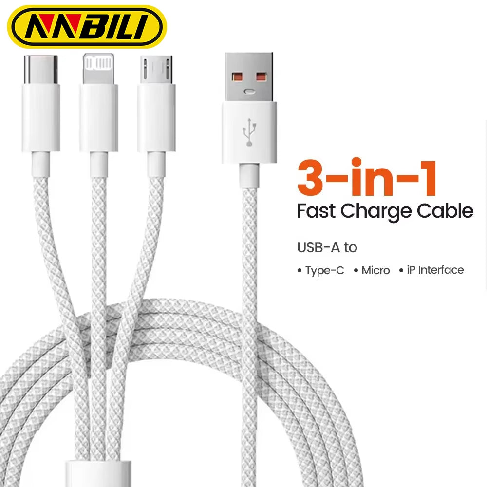 66W 3-in-1 Fast Charging Cable – 6A USB Type-C, Micro USB & Lightning Nylon Braided Data Cable for Xiaomi, Huawei, Samsung, OPPO & iPhone (1.2M/2M/3M)