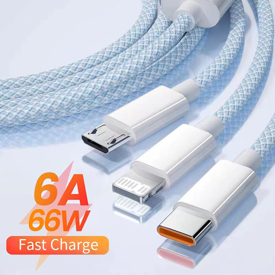 66W 3-in-1 Fast Charging Cable – 6A USB Type-C, Micro USB & Lightning Nylon Braided Data Cable for Huawei, Xiaomi, Samsung & iPhone (1.2M/2M/3M)