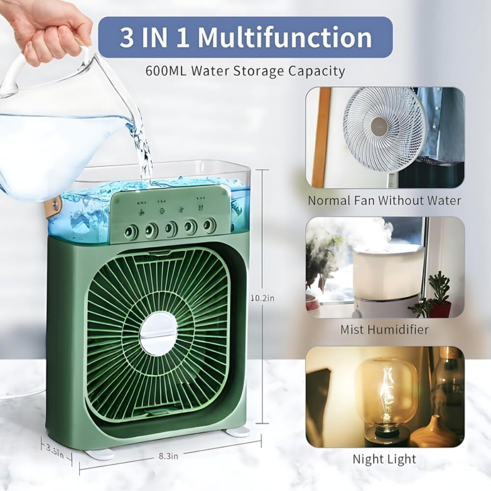 3 in 1 Portable Air Conditioner Fan – Mini Water Air Cooler with 7-Color LED Lights, USB Rechargeable Cooling Fan for Home, Office & Travel