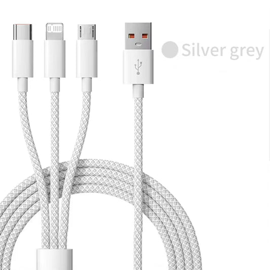 66W 3-in-1 Fast Charging Cable – 6A USB Type-C, Micro USB & Lightning Nylon Braided Data Cable for Xiaomi, Huawei, Samsung, OPPO & iPhone (1.2M/2M/3M)