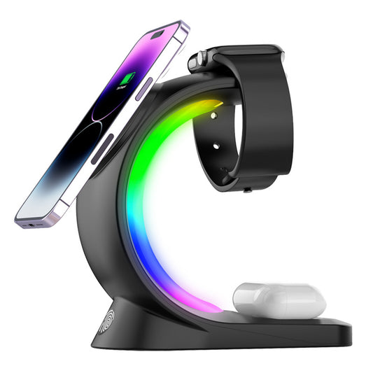 4 in 1 Magnetic Wireless Charger Fast Charging Dock with RGB Atmosphere Light for iPhone, Apple Watch & AirPods Pro
