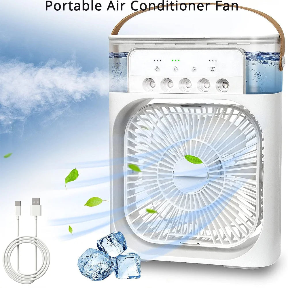 Silent Electric Mini Air Conditioner Fan – Portable 3-in-1 Air Cooler, Humidifier & Desk Fan with 7-Color LED Night Light for Home, Office & Camping