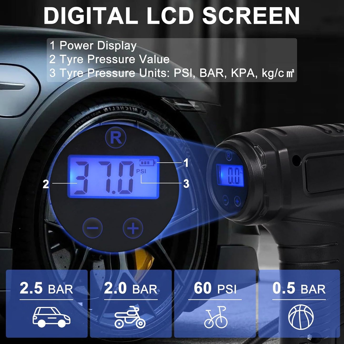 Cordless Tyre Inflator Air Compressor – Portable Handheld Digital 150PSI with LED Light & 7 Nozzles for Car, Motorcycle, Bicycle & Ball