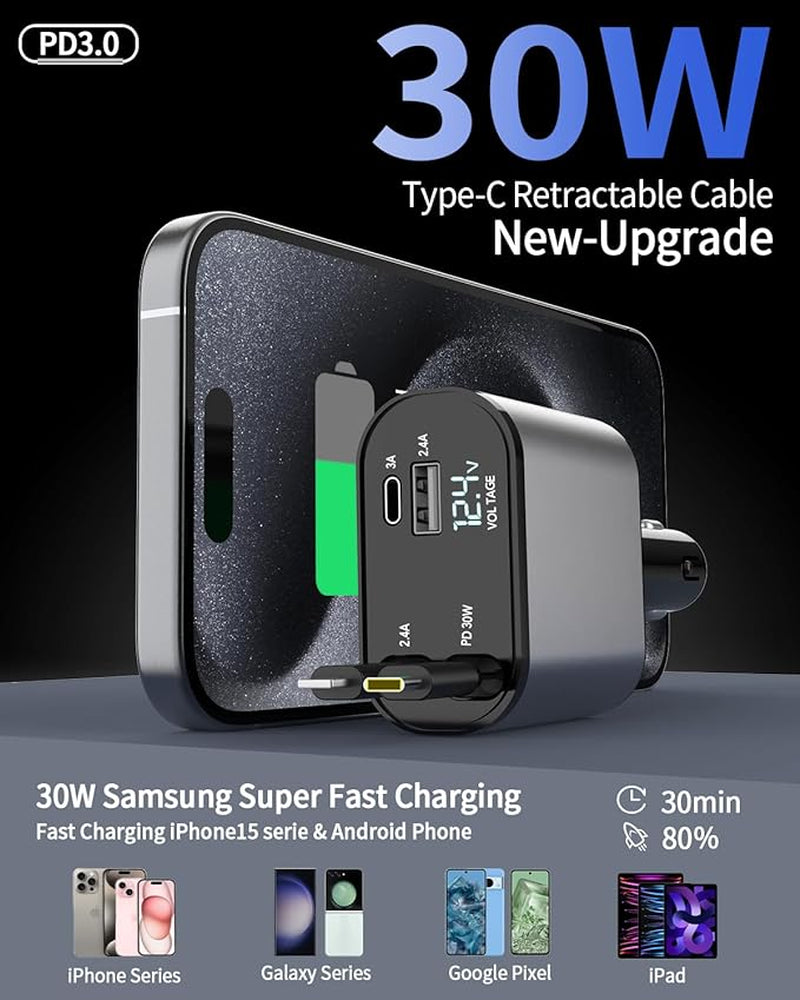 Retractable 4-in-1 Fast Car Charger 66W – USB-A & USB-C Retractable Cables, PD 3.0 Quick Charge for iPhone, Samsung Galaxy, Pixel & More