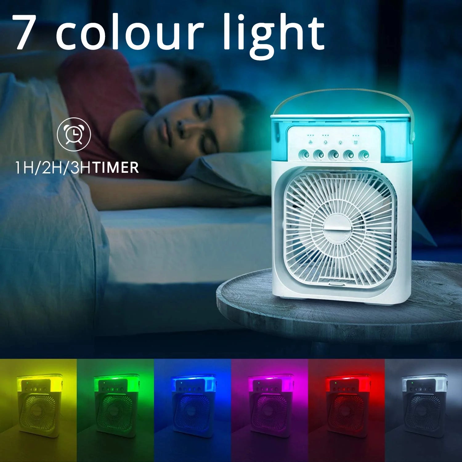Silent Electric Mini Air Conditioner Fan – Portable 3-in-1 Air Cooler, Humidifier & Desk Fan with 7-Color LED Night Light for Home, Office & Camping