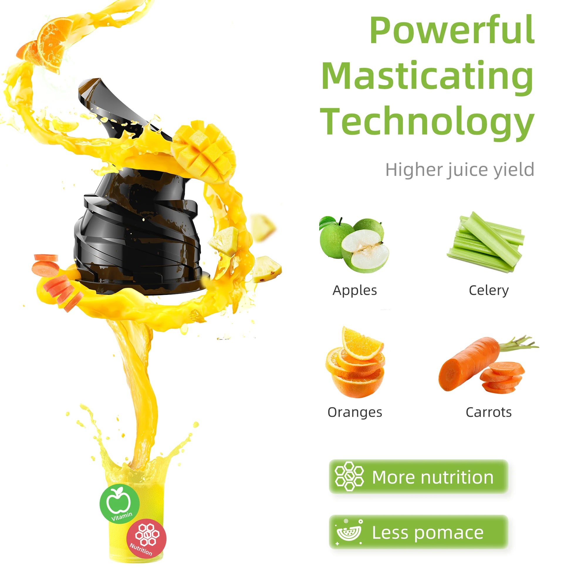 Cold Press Juicer 200W Slow Masticating Juicer with 78mm Wide Feed Chute, BPA-Free Tritan, Quiet Motor & High Juice Yield for Whole Fruits & Vegetables
