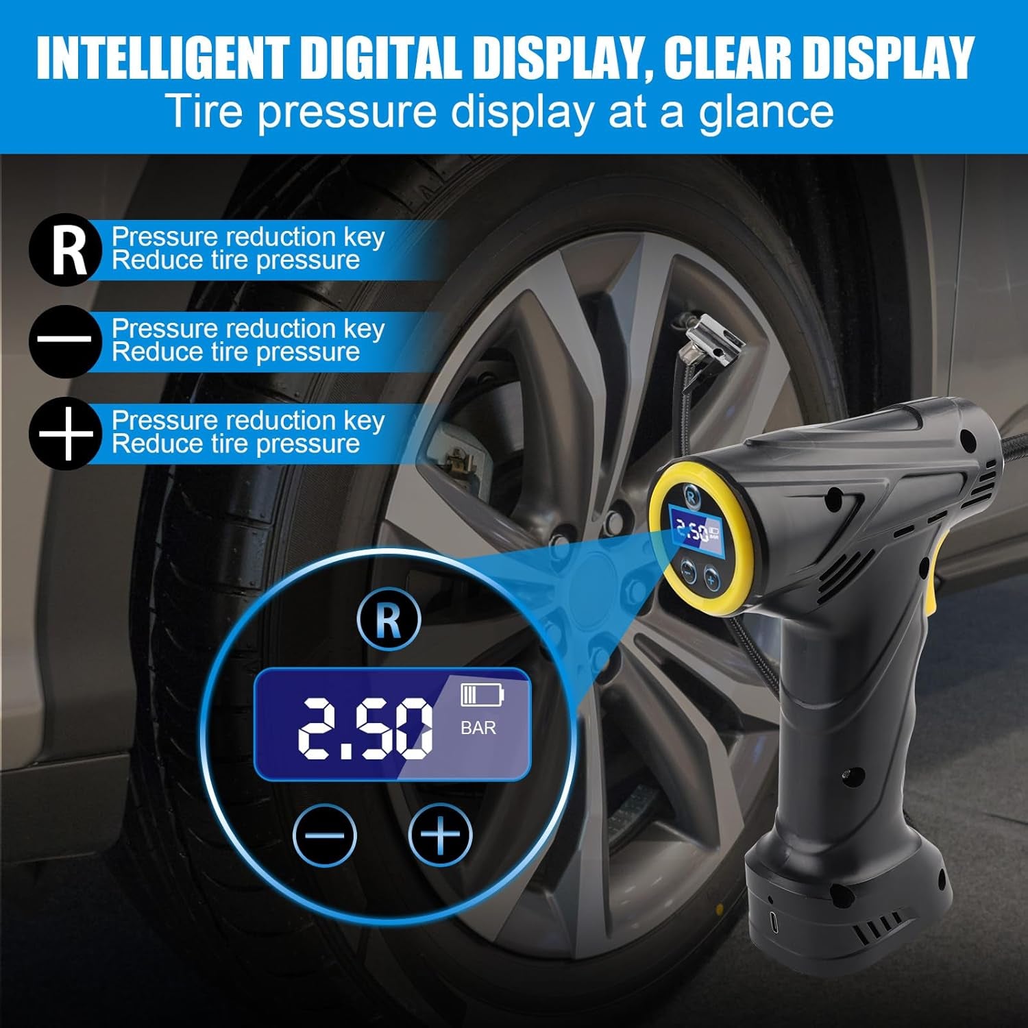 Cordless Tyre Inflator Air Compressor – Portable Handheld Rechargeable Tyre Pump with Digital Pressure Gauge, LED Light & 4 Nozzles for Car, Motorcycle & Bike