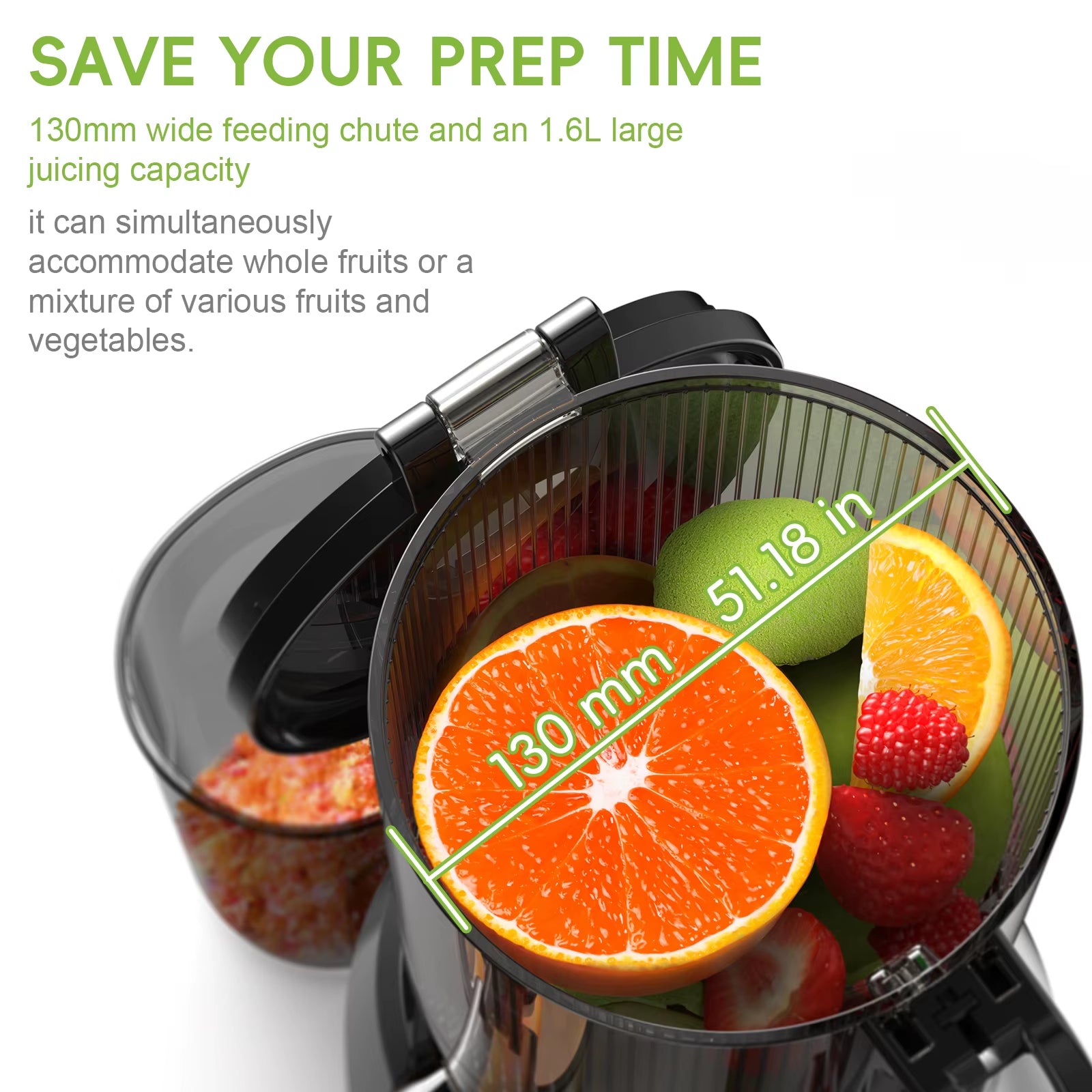 Cold Press Juicer with 130mm Wide Feed Chute – BPA-Free Slow Masticating Juicer for Whole Fruits & Vegetables, High Juice Yield, Easy Clean