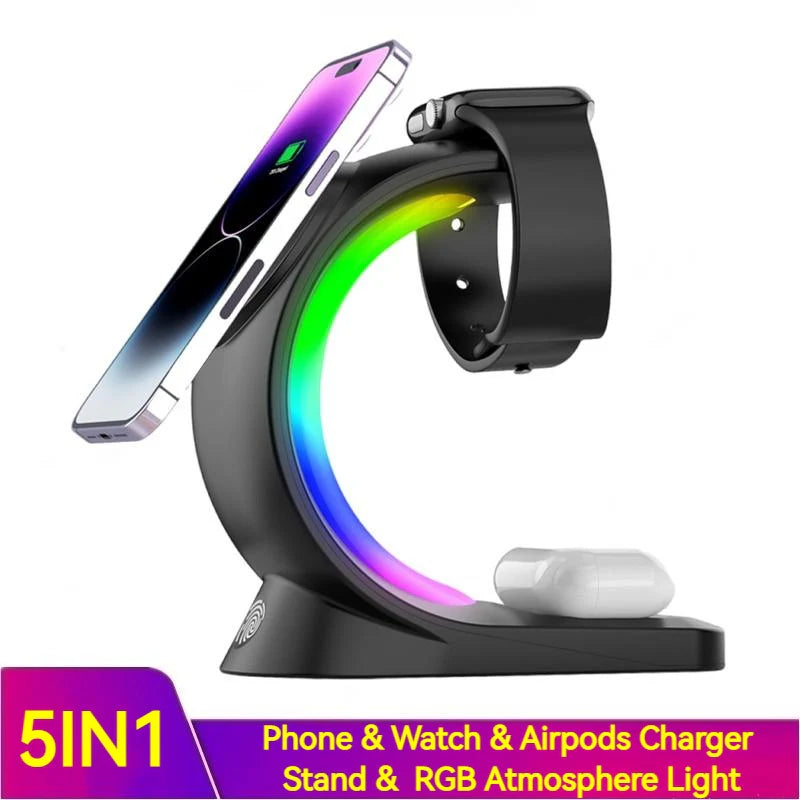 4-in-1 Magnetic Wireless Charger with Fast Charging & RGB Atmosphere Light – Charging Station for iPhone, Apple Watch & AirPods Pro