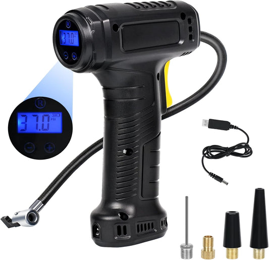 Cordless Tyre Inflator Air Compressor – Portable Handheld Digital 150PSI with LED Light & 7 Nozzles for Car, Motorcycle, Bicycle & Ball