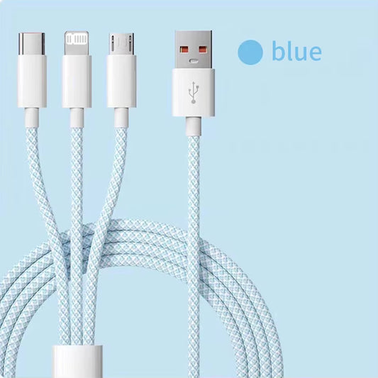 66W 3-in-1 Fast Charging Cable – 6A USB Type-C, Micro USB & Lightning Nylon Braided Data Cable for Huawei, Xiaomi, Samsung & iPhone (1.2M/2M/3M)